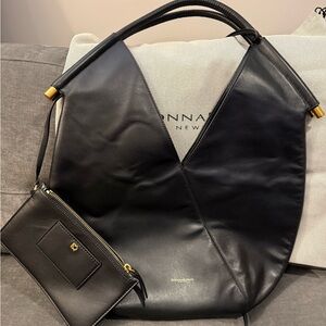 Donna Karan Baldwin Large Black Leather Shoulder Bag with Gold Accents